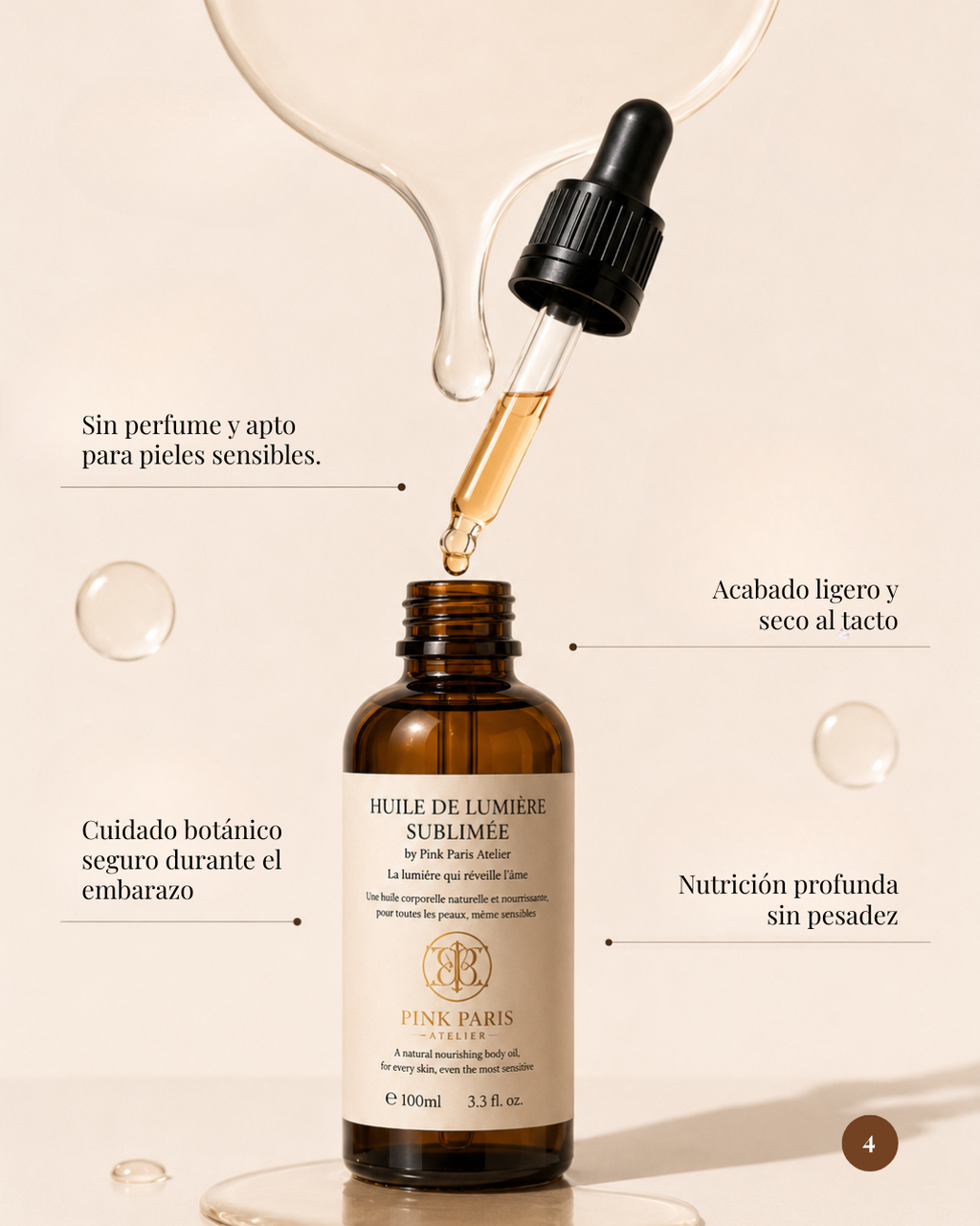 Aceite nutritivo acabado ligero sin perfume apto para embarazo y lactancia