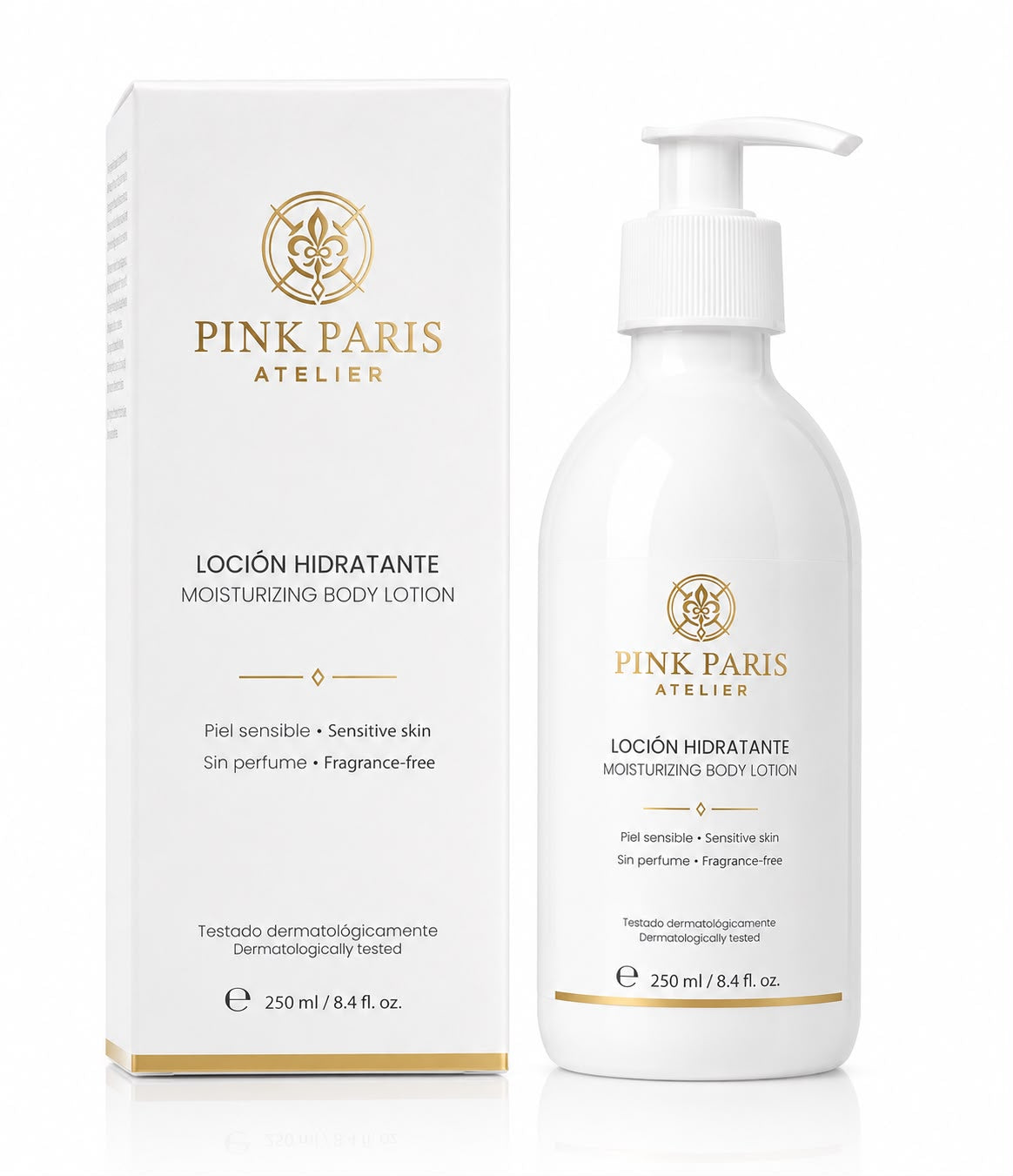 Loción hidratante sin perfume para piel sensible de Pink Paris Atelier, 250 ml