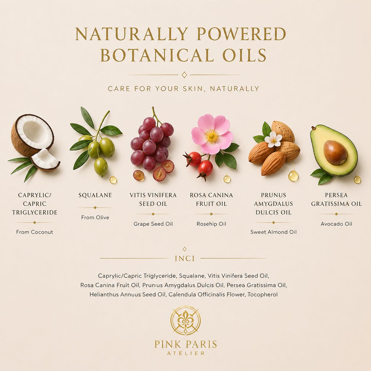 Aceite nutritivo efecto seco con aceite de rosa mosqueta, aguacate, almendras, semilla de uva, semillas de girasol y vitamina E. Sin perfume. Natural. Apto embarazo y lactancia.