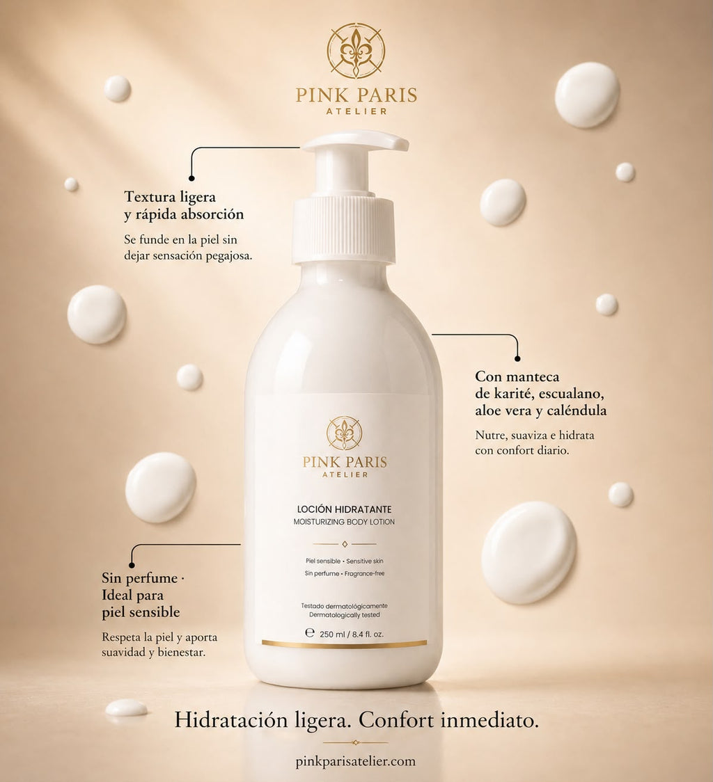 Loción hidratante sin perfume para piel sensible de Pink Paris Atelier, 250 ml